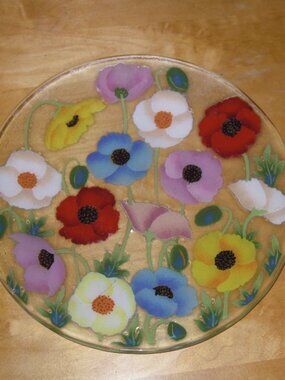 Fused Art Glass Tray Platter Plate Round Flower Floral WM William McGrath